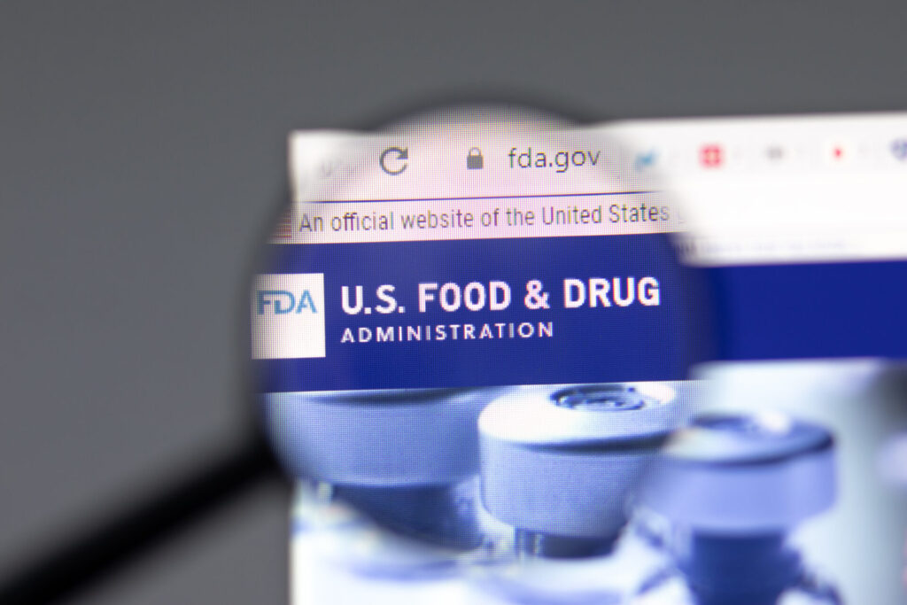 New York, USA - 15 February 2021: FDA US Food and Drug website in browser with company logo, Illustrative Editorial